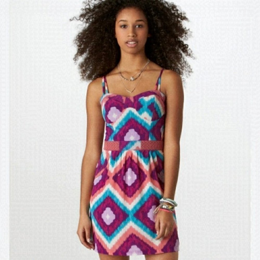 AMERICAN Eagle Colorful Boho Aztec Print Pockets Strap Mini Dress Sz 8